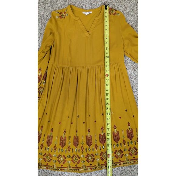 Womens S Boho Long Sleeve Dress Embroidered V Neck Gold Mustard Yellow Hippie - Picture 9 of 14